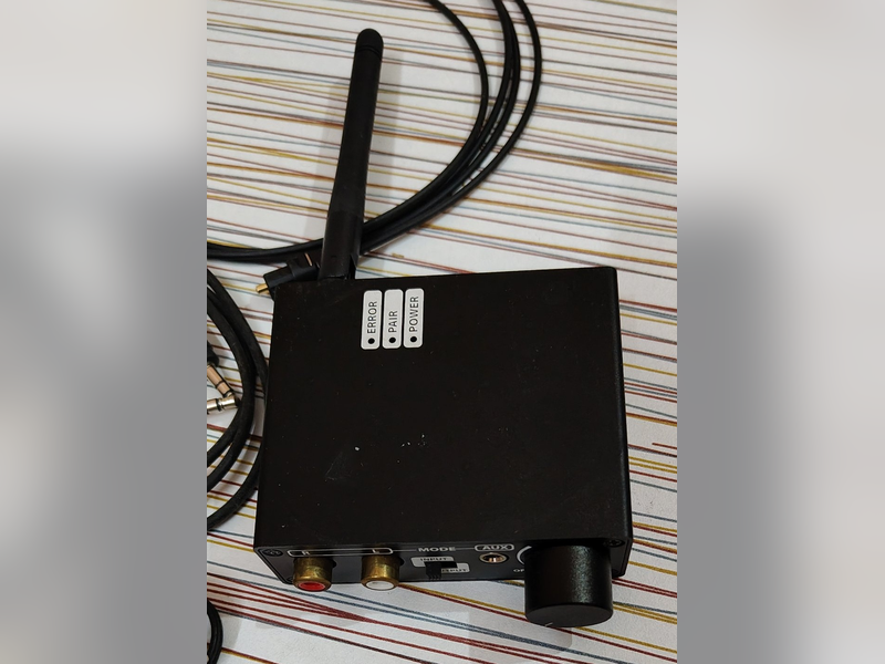 Wireless Transmitter and Optical Digital Audio Converter (DAC), top, with mode switch, volume knob and RCA outputs