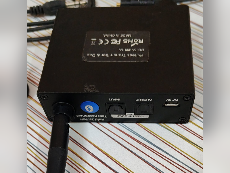 Wireless Transmitter and Optical Digital Audio Converter (DAC), optical in and out, pairing button, micro-USB power