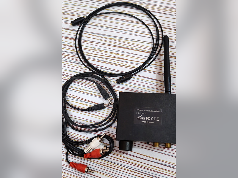 Wireless Transmitter and Optical Digital Audio Converter (DAC), with optical, 3.5 mm and RCA cables